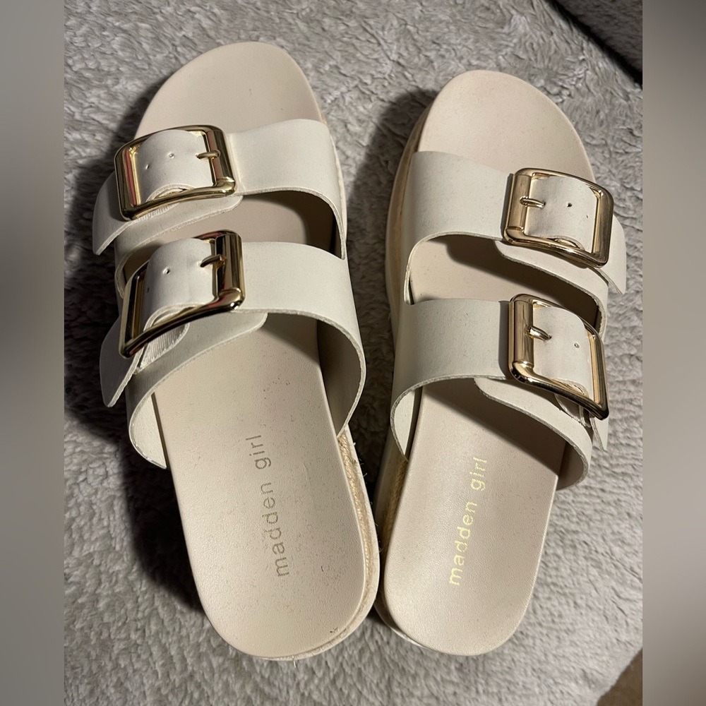Madden Girl Off-White Slides with Gold Buckles